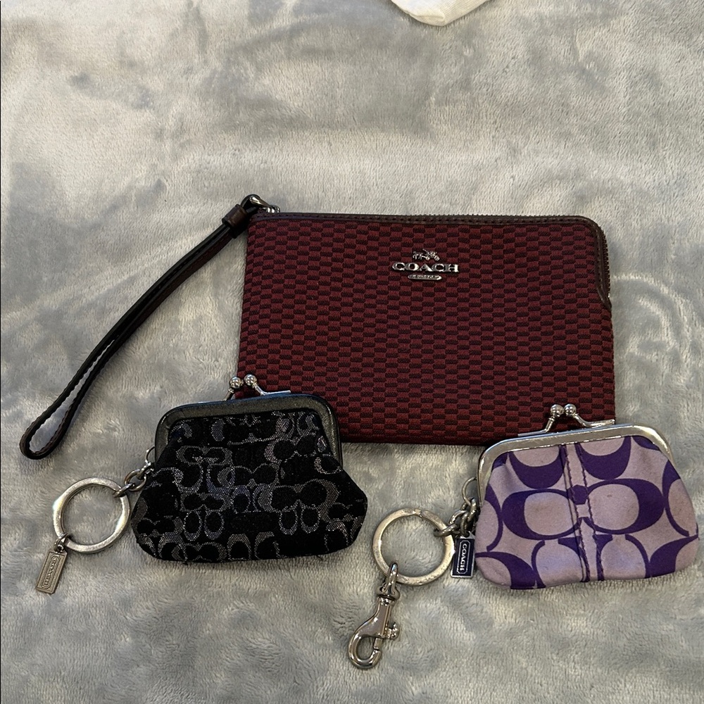 Coach Maroon Wristlet with Black and Purple Coin Purses